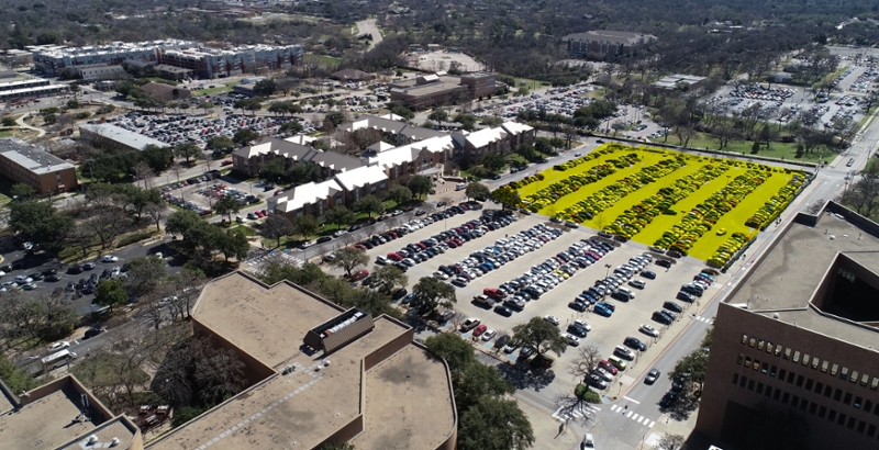 Image of the F10 parking lot with the back half highlighted to denote construction